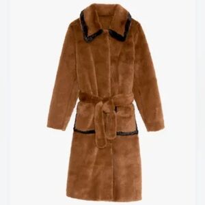 Sandro Paris Womens Faux Fur Plush Teddy Brown Long Coat Missing Belt M